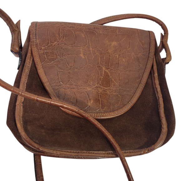 Vintage Enzo Angiolini Saddle Bag Dark Brown Crossbody Leather Suede Embossed - Picture 7 of 16